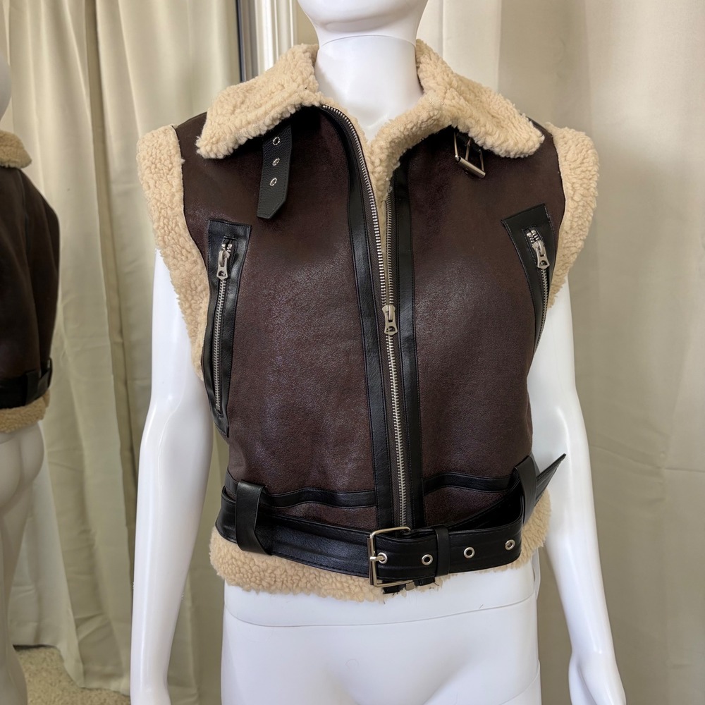 Commense Faux Leather Sherpa Aviator Vest Brown XS Biker Shearling Cropped